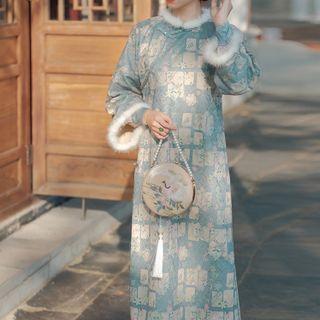Long-sleeve Fluffy Trim Dress