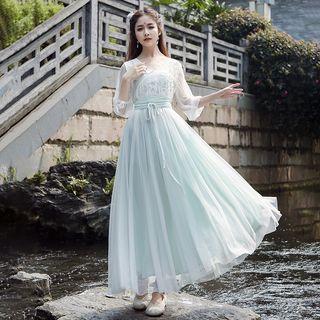 Traditional Chinese 3/4-sleeve Embroidered A-line Maxi Dress