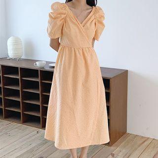 Shirred-sleeve Gingham Midi A-line Dress