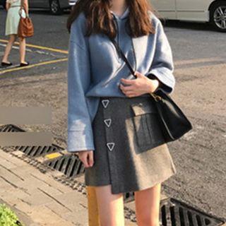 Set: Plain Hoodie + Buttoned Mini A-line Skirt