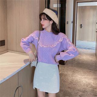 Ruffle Cable-knit Sweater / Mini A-line Skirt