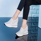Genuine Leather Perforated Hidden Wedge Platform Loafers
