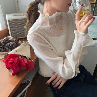 Mock-turtleneck Shirred Chiffon Blouse Almond - One Size