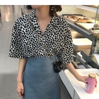 Elbow-sleeve Leopard Print Shirt / Faux Leather A-line Skirt