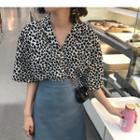 Elbow-sleeve Leopard Print Shirt / Faux Leather A-line Skirt