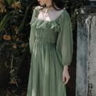 Puff-sleeve Ruffled Shirred Midi A-line Dress
