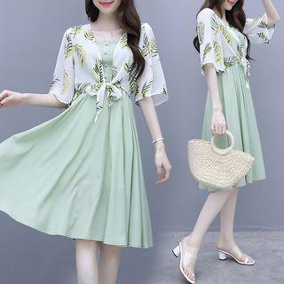 Set: Sleeveless Ruched A-line Dress + Printed Cropped Chiffon Top