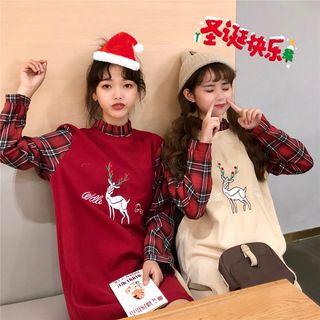 Plaid Panel Deer Embroidered Long-sleeve A-line Dress
