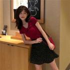 Bow Short-sleeve T-shirt / Dotted A-line Skirt