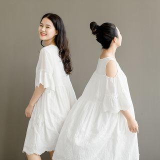 Eyelet Lace Elbow-sleeve Midi A-line Dress