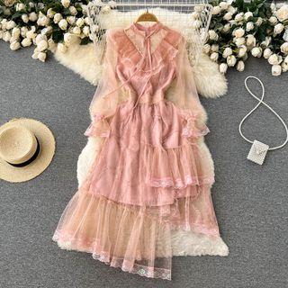 Long-sleeve Asymmetrical Lace Midi A-line Dress