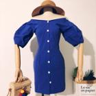 Off-shoulder Elbow-sleeve Buttoned Mini Dress Blue - One Size