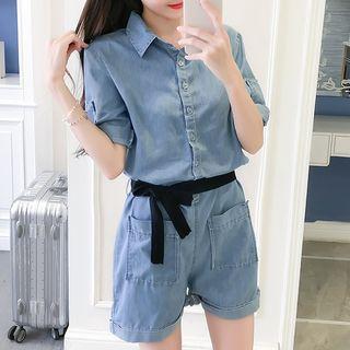 Front Pocket Tie-waist Denim Playsuit