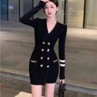 Long-sleeve Double-breasted Knit Mini Bodycon Dress Black - One Size