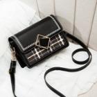 Plaid Panel Embroidered Faux Leather Crossbody Bag
