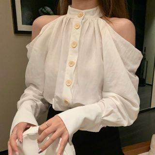 Cutaway-shoulder Buttoned Blouse White - One Size