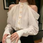 Cutaway-shoulder Buttoned Blouse White - One Size