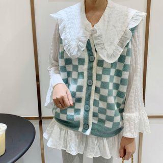 Chiffon Blouse / Checkerboard Knit Vest