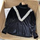 Turtle-neck Velvet Panel Lace Long-sleeve Blouse Black - One Size