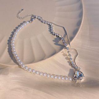 Heart Rhinestone Pendant Faux Pearl Alloy Necklace X899 - Silver - One Size