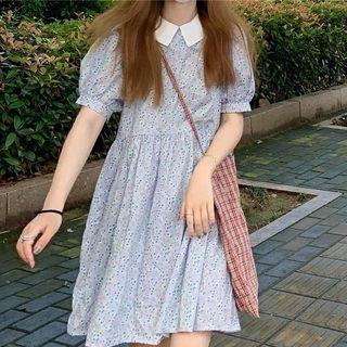 Peter Pan Floral Print Mini Dress Blue - One Size