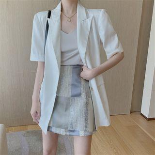 Elbow-sleeve Single Breasted Blazer / Spaghetti Strap Top / Printed A-line Mini Skirt