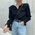 Bell-sleeve Peter Pan Collar Ruffled Plain Blouse Black - One Size