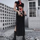 Short-sleeve Embroidered Velvet Midi Qipao Dress