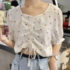 Puff-sleeve Drawstring Floral Cropped Top White - One Size