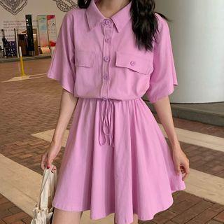Drawstring Short-sleeve Collared A-line Dress