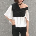V-neck Elbow Sleeve Color Panel Blouse