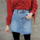 Washed Fray-hem Denim Mini Skirt