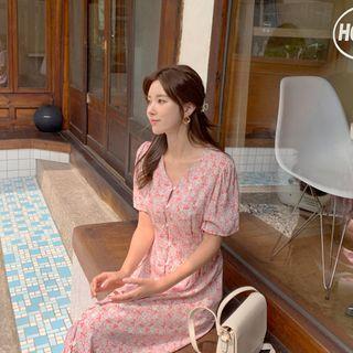 V-neck Pintuck-waist Floral Dress Pink - One Size