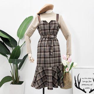 Set: Mock-neck Top + Sleeveless Plaid Wool Dress