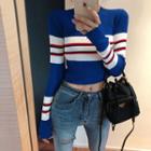 Round-neck Contrast-trim Cropped Knit Top Blue - One Size
