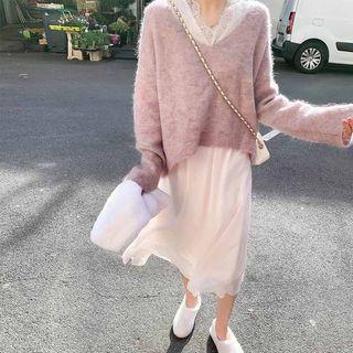 Lace Trim Long-sleeve A-line Dress With Sash