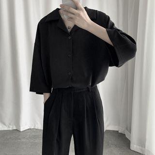 Oversized Elbow-sleeve Plain Shirt