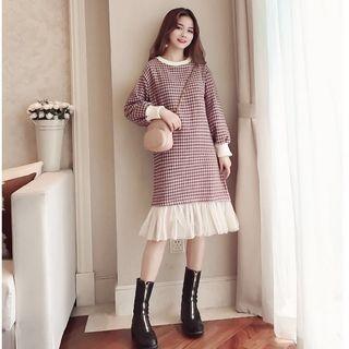 Long-sleeve Ruffled Houndstooth Dress