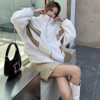 Faux Shearling Zip Jacket White & Coffee - One Size