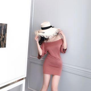 Plain Off-shoulder Elbow-sleeve Mini Bodycon Dress