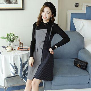Knit Top / Color Block Mini Pinafore Dress / Set