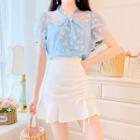 Floral Embroidered Short-sleeve Mesh Top / Mini A-line Skirt / Set