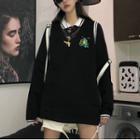 Dinosaur Embroidered Mock Two-piece Long-sleeve Polo Shirt