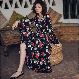 Set: Floral Print Long-sleeve Top + Maxi Skirt