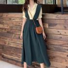 Plain Short-sleeve Shirt / High Waist Midi Suspender Skirt