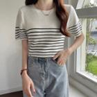 Short-sleeve Striped Knit Top Striped - White - One Size
