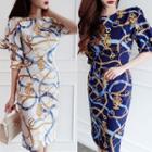 Chain Print Puff-sleeve Sheath Dress