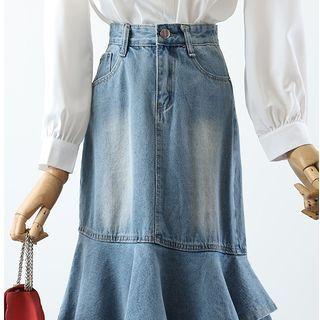 Denim Midi Mermaid Skirt / Lace Trim Blouse