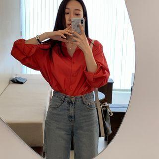 Long-sleeve Button-up Blouse Red - One Size