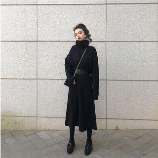 Turtleneck Belted Midi Sweater Dress Black - One Size